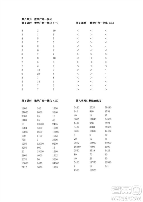 吉林出版集团股份有限公司2023年秋小学数学口算速算心算四年级上册人教版参考答案