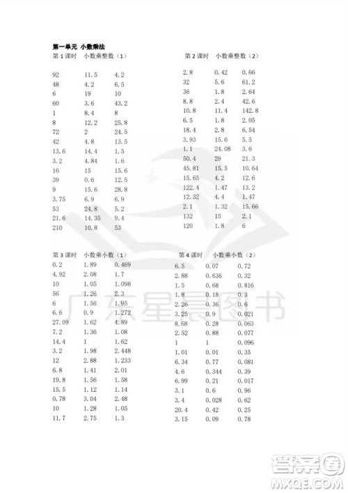 吉林出版集团股份有限公司2023年秋小学数学口算速算心算五年级上册人教版参考答案