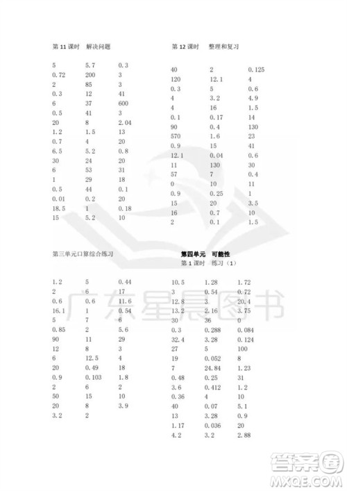 吉林出版集团股份有限公司2023年秋小学数学口算速算心算五年级上册人教版参考答案