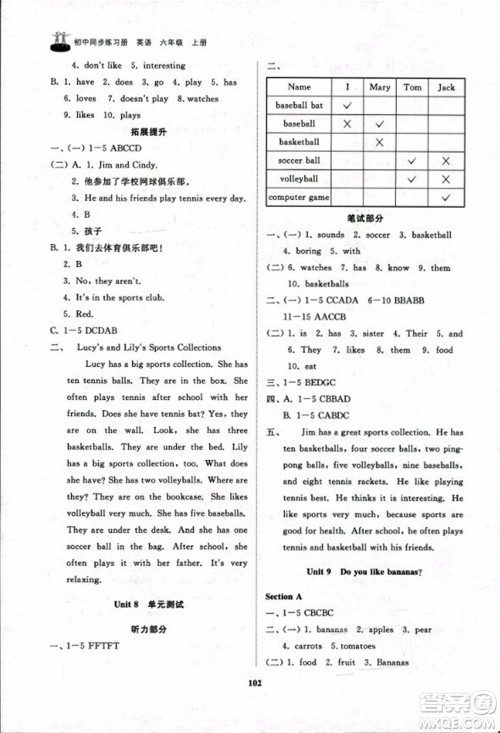 山东友谊出版社2023年秋初中同步练习册六年级英语上册鲁教版答案