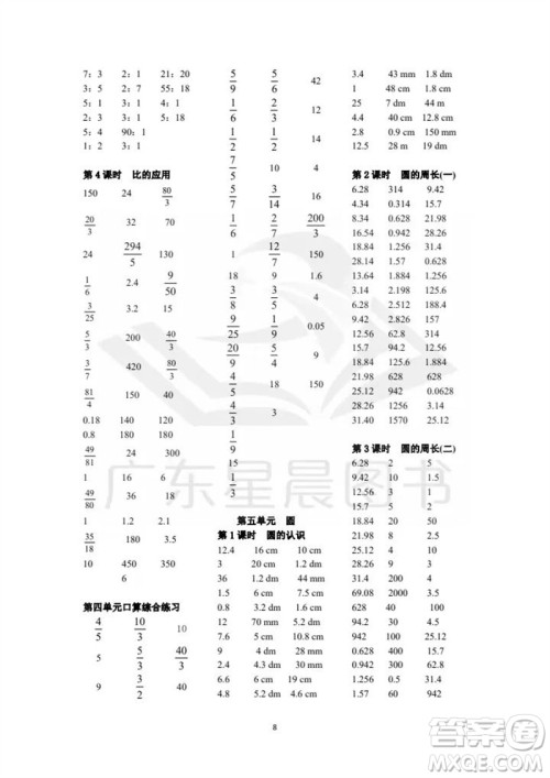 吉林出版集团股份有限公司2023年秋小学数学口算速算心算六年级上册人教版参考答案