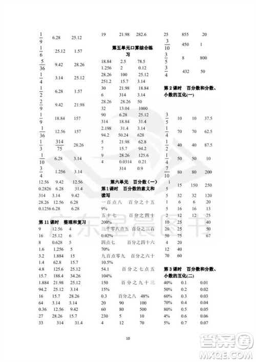 吉林出版集团股份有限公司2023年秋小学数学口算速算心算六年级上册人教版参考答案