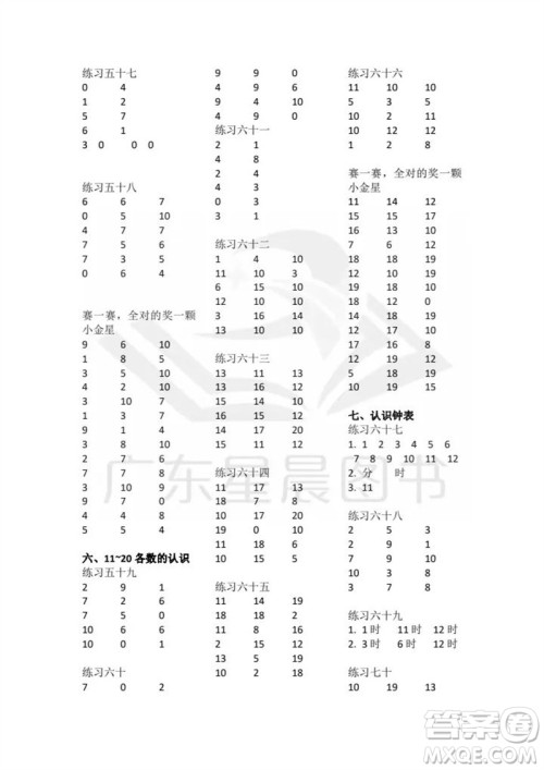 广东人民出版社2023年秋核心素养数学口算每天一练一年级上册人教版参考答案