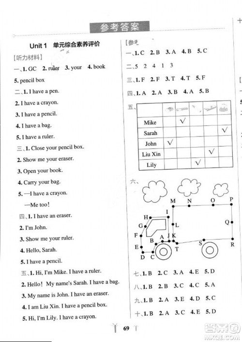 陕西师范大学出版总社2023年秋PASS小学学霸冲A卷三年级英语上册人教版答案