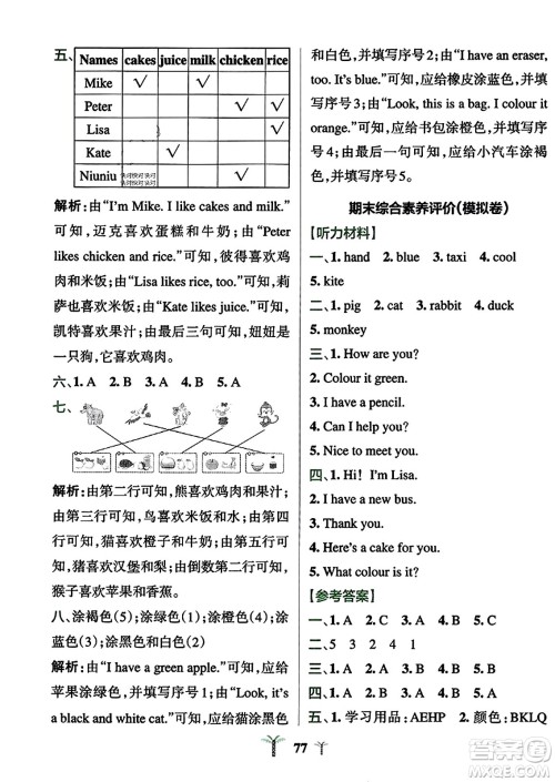 陕西师范大学出版总社2023年秋PASS小学学霸冲A卷三年级英语上册人教精通版答案