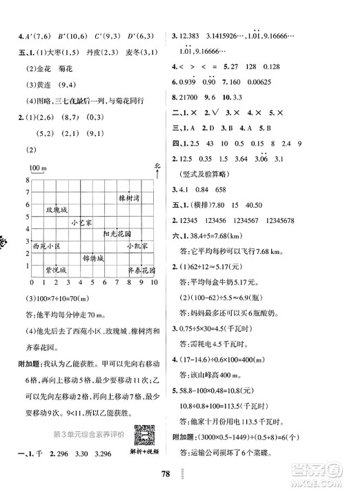 陕西师范大学出版总社2023年秋PASS小学学霸冲A卷五年级数学上册人教版答案
