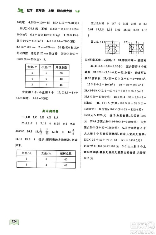 广西教育出版社2023年秋新课程学习与测评同步学习五年级数学上册北师大版答案