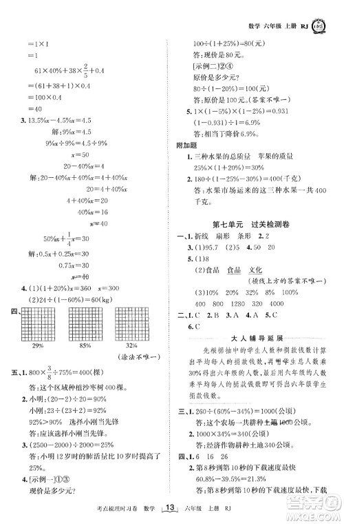 江西人民出版社2023年秋王朝霞考点梳理时习卷六年级数学上册人教版答案