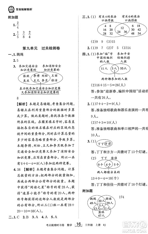 江西人民出版社2023年秋王朝霞考点梳理时习卷三年级数学上册人教版答案