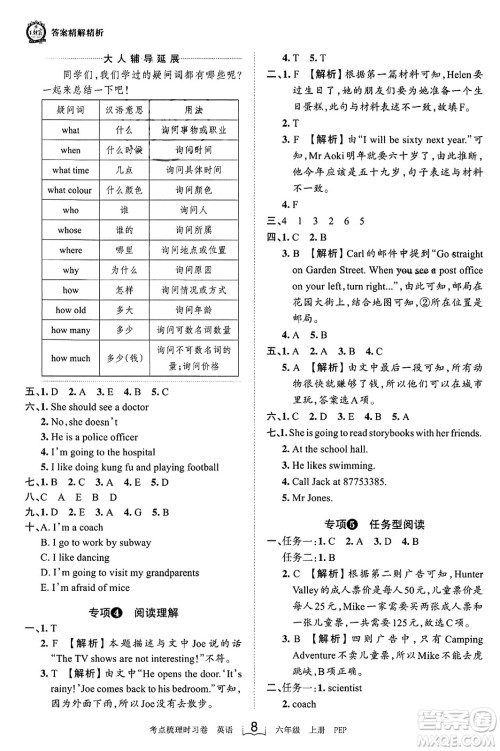 江西人民出版社2023年秋王朝霞考点梳理时习卷六年级英语上册人教PEP版答案