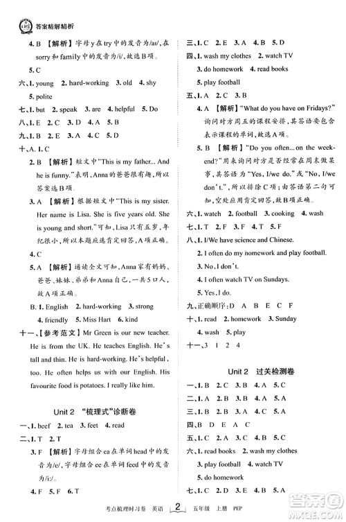 江西人民出版社2023年秋王朝霞考点梳理时习卷五年级英语上册人教PEP版答案