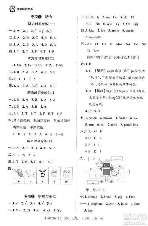 江西人民出版社2023年秋王朝霞考点梳理时习卷三年级英语上册人教PEP版答案 江西人民出版社2023年秋王朝霞考点梳理时习卷三年级英语上册人教PEP版答案
