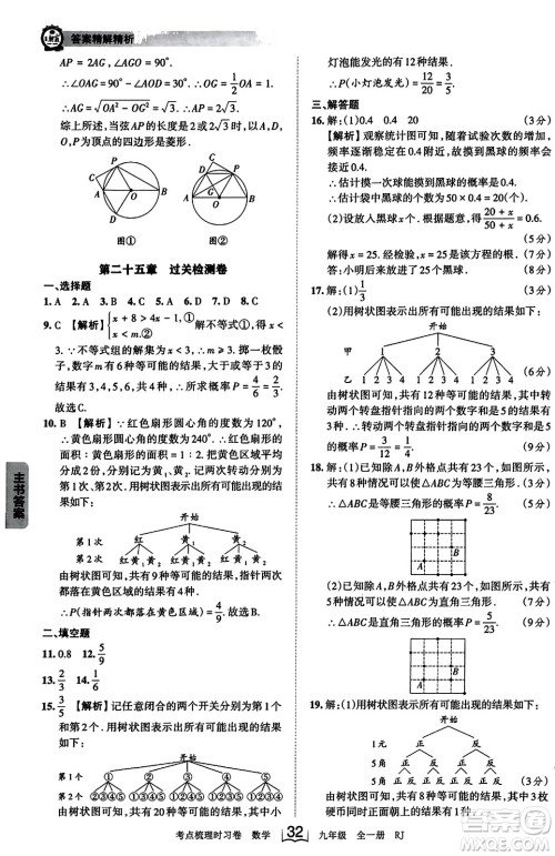 江西人民出版社2023年秋王朝霞考点梳理时习卷九年级数学全一册人教版答案