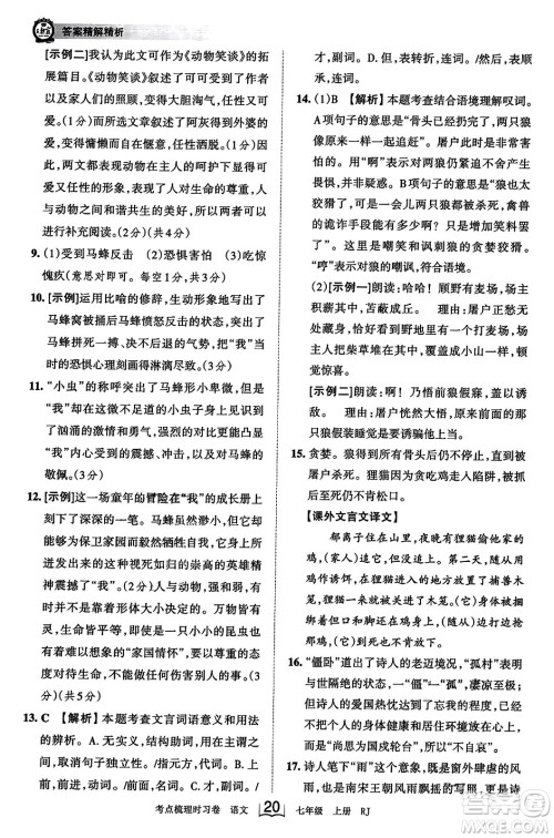 江西人民出版社2023年秋王朝霞考点梳理时习卷七年级语文上册人教版答案