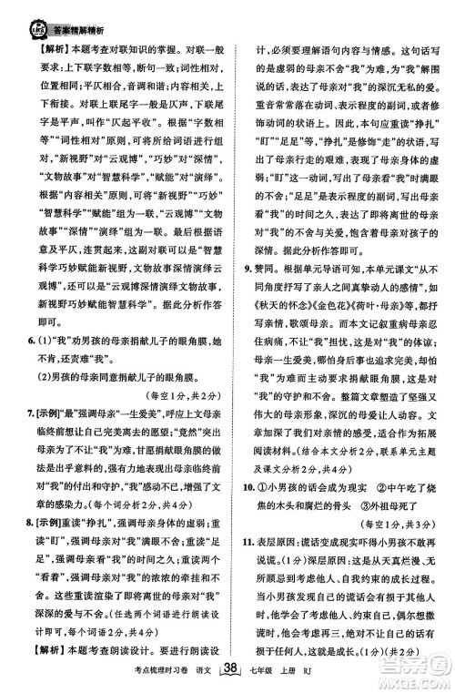 江西人民出版社2023年秋王朝霞考点梳理时习卷七年级语文上册人教版答案