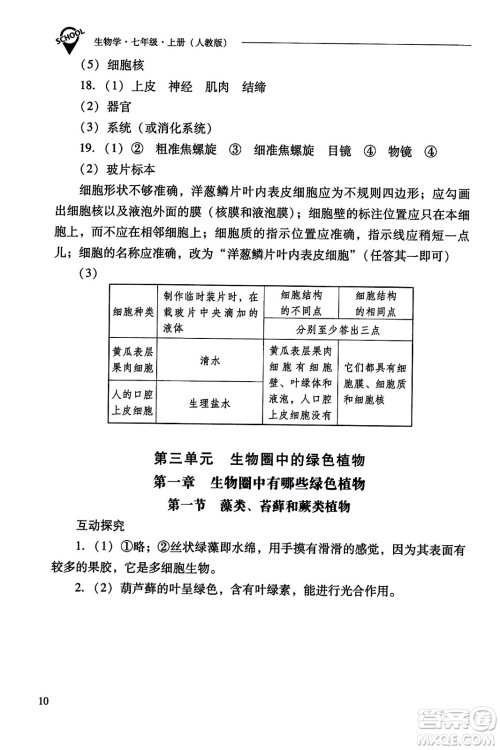 山西教育出版社2023年秋新课程问题解决导学方案七年级生物上册人教版答案