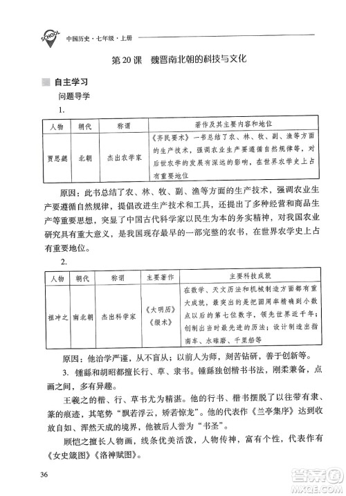 山西教育出版社2023年秋新课程问题解决导学方案七年级历史上册人教版答案