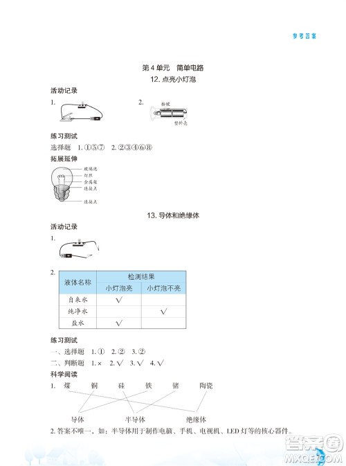 江苏凤凰教育出版社2023年秋小学科学实验册四年级上册苏教版双色版参考答案