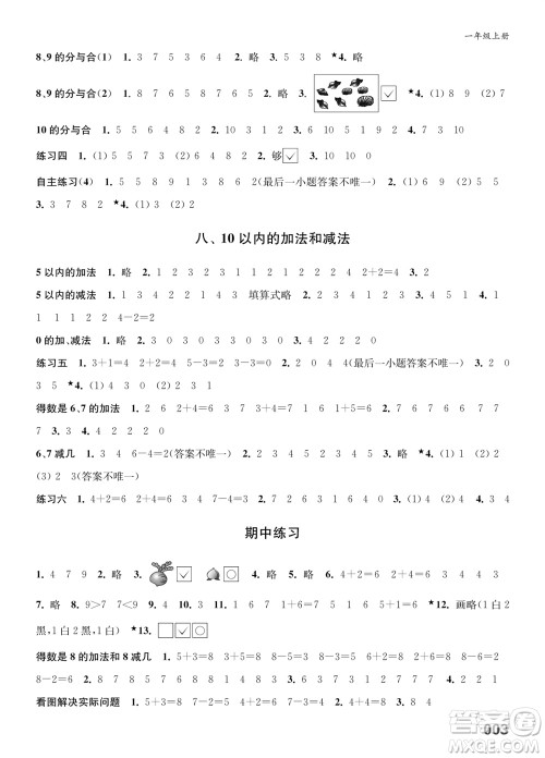 江苏凤凰教育出版社2023年秋小学数学课堂练习一年级上册苏教版参考答案 江苏凤凰教育出版社2023年秋小学数学课堂练习一年级上册苏教版参考答案