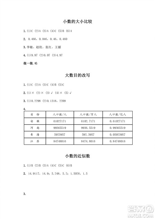 江苏凤凰教育出版社2023年秋练习与测试小学数学五年级上册苏教版双色版A版参考答案