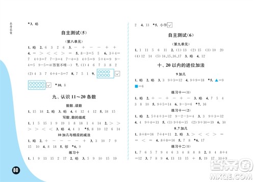 江苏凤凰教育出版社2023年秋练习与测试小学数学一年级上册苏教版双色版A版参考答案