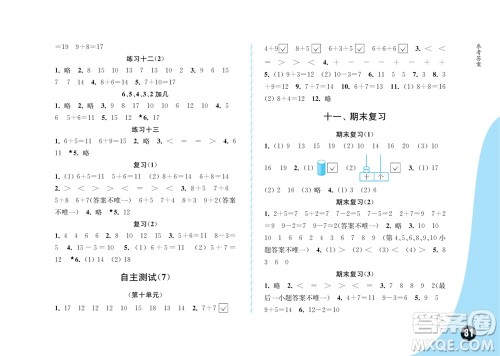 江苏凤凰教育出版社2023年秋练习与测试小学数学一年级上册苏教版双色版A版参考答案