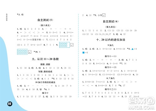 江苏凤凰教育出版社2023年秋练习与测试小学数学一年级上册苏教版提优版参考答案