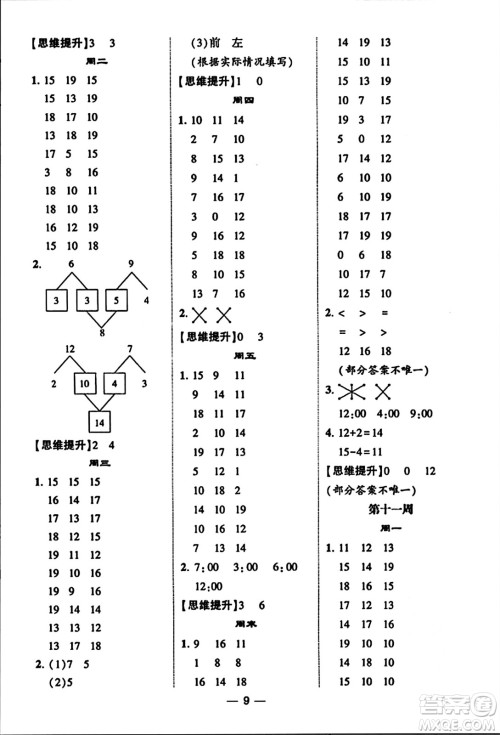 河海大学出版社2023年秋学霸计算达人一年级数学上册人教版答案