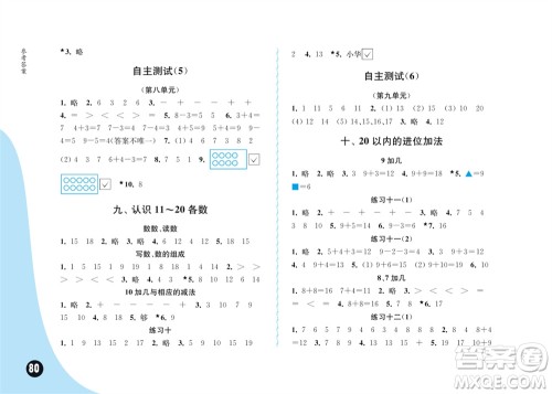 江苏凤凰教育出版社2023年秋练习与测试小学数学一年级上册苏教版双色版C版参考答案