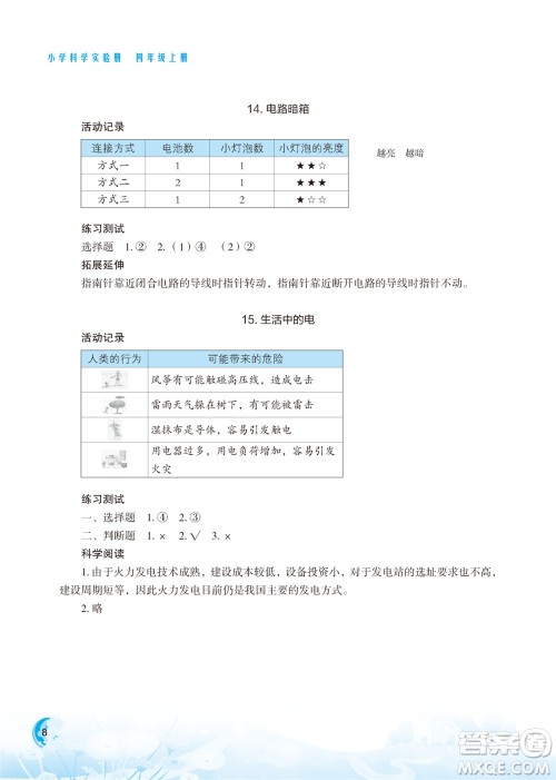 江苏凤凰教育出版社2023年小学科学实验册四年级上册苏教版江苏山西专版参考答案