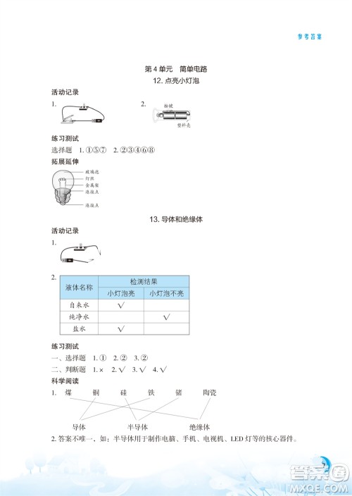 江苏凤凰教育出版社2023年小学科学实验册四年级上册苏教版江苏山西专版参考答案