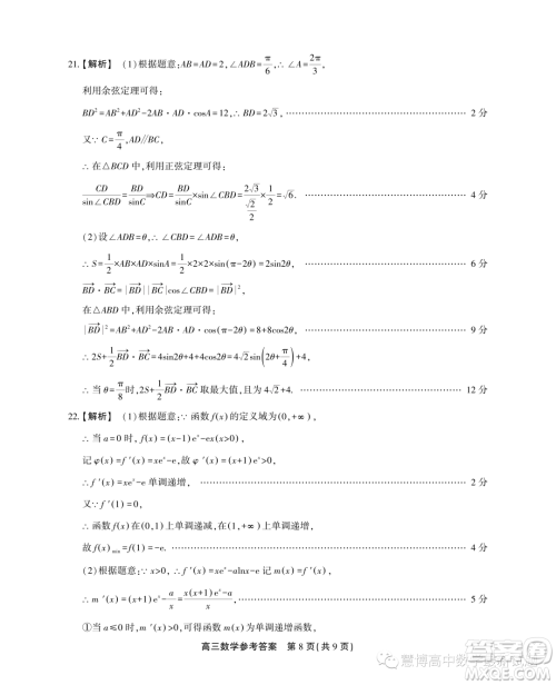 2024届安徽高三上学期第一届百校大联考数学试题答案