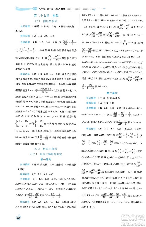 广西教育出版社2023年秋新课程学习与测评同步学习九年级数学全一册人教版答案