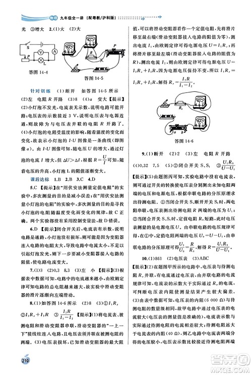 广西教育出版社2023年秋新课程学习与测评同步学习九年级物理全一册沪粤版答案