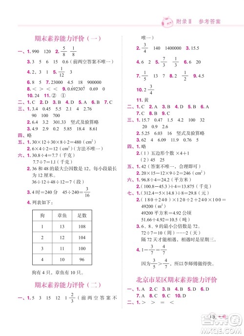 龙门书局2023年秋黄冈小状元练重点培优同步作业五年级数学上册北师大版参考答案