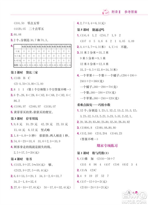 龙门书局2023年秋黄冈小状元练重点培优同步作业三年级数学上册北师大版参考答案
