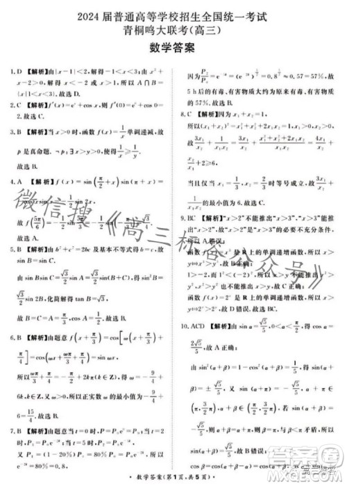 2024届普通高等学校招生全国统一考试青桐鸣高三10月大联考数学试卷答案