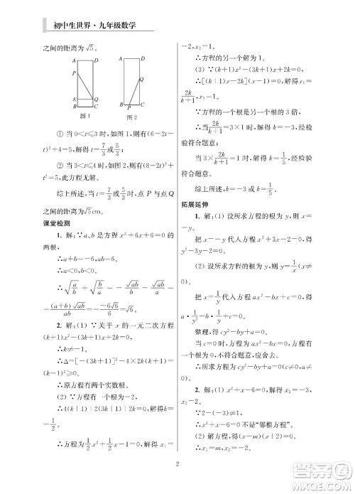 2023年秋报刊初中生世界伴学本九年级数学全册参考答案