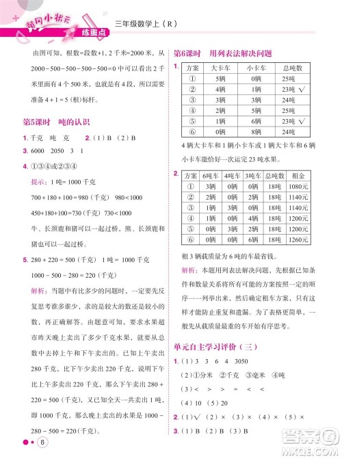 龙门书局2023年秋黄冈小状元练重点培优同步作业三年级数学上册人教版参考答案