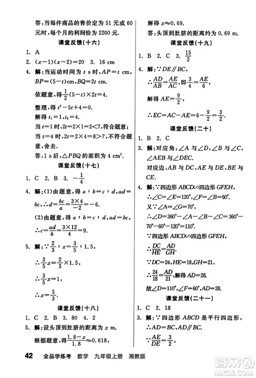 阳光出版社2023年秋全品学练考九年级数学上册湘教版答案