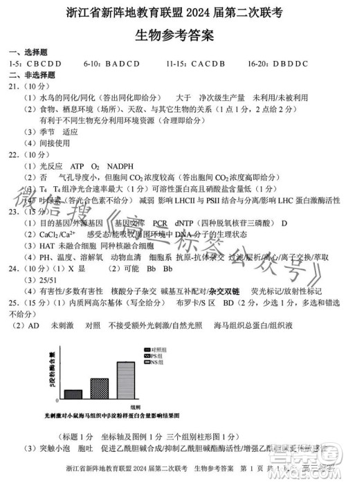 浙江省新阵地教育联盟2024届第二次联考生物试卷答案