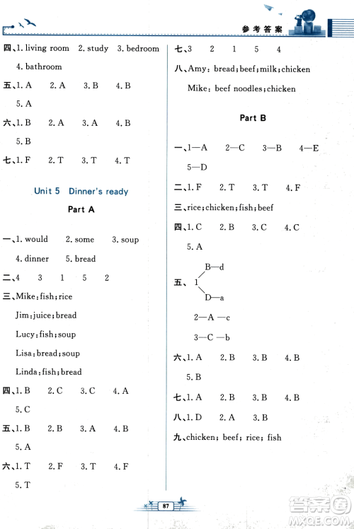 人民教育出版社2023年秋阳光课堂金牌练习册四年级英语上册人教PEP版答案