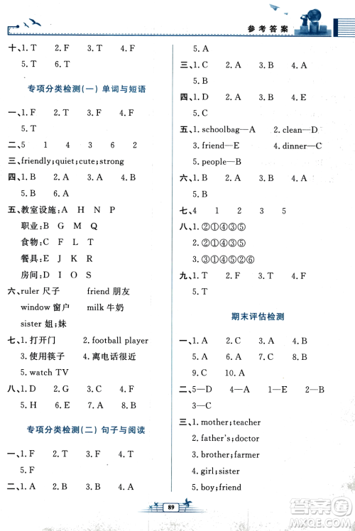 人民教育出版社2023年秋阳光课堂金牌练习册四年级英语上册人教PEP版答案