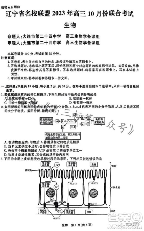 辽宁省名校联盟2023年高三10月份联合考试生物试卷答案