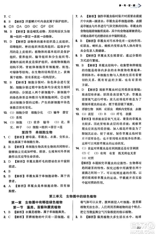 天津教育出版社2023年秋学习质量监测七年级生物学上册人教版答案