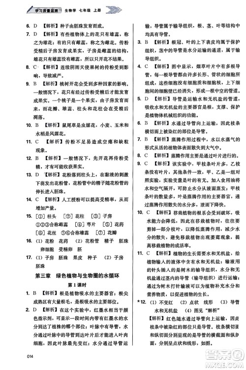 天津教育出版社2023年秋学习质量监测七年级生物学上册人教版答案