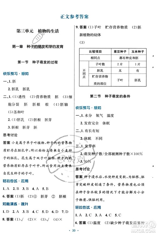 知识出版社2023年秋初中同步测控优化设计八年级生物上册冀少版福建专版答案