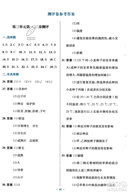 知识出版社2023年秋初中同步测控优化设计八年级生物上册冀少版福建专版答案