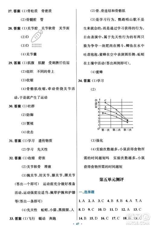 知识出版社2023年秋初中同步测控优化设计八年级生物上册冀少版福建专版答案