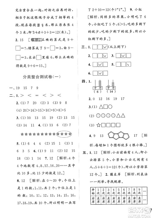 北京教育出版社2023年秋亮点给力大试卷一年级数学上册江苏版答案